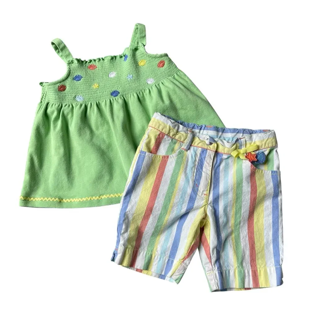 Girls 4/4T Gymboree Green Smocked Seashell Swing Top Stripe Bermuda Short Set